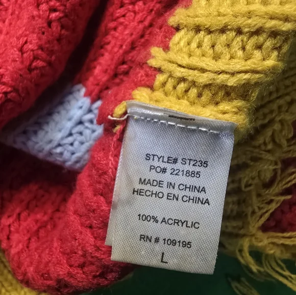 Knit Cropped Red Yellow Brown Blue Fringe Hem Sweater Size Large - Picture 6 of 6